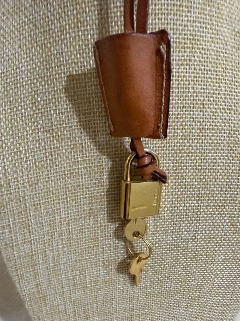 Authentic Celine Rare Tan Leather Keyring with Gold Padlock and keys collectible